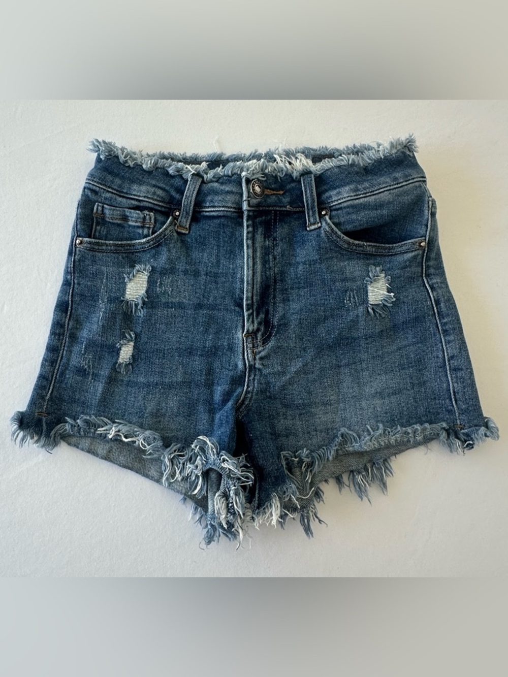 High-Rise Distressed Denim Shorts - Blue
